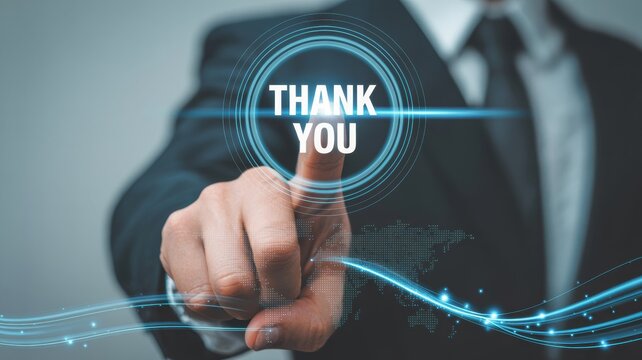 Man's finger touching digital screen with glowing text 'THANK YOU' and abstract network connections overlaying world map.