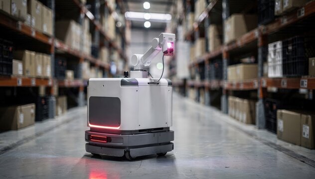 Compact automated robot in a narrow storage area updating stock counts with clear focus on barcode reader and handsoff operation amid blurred inventory around.