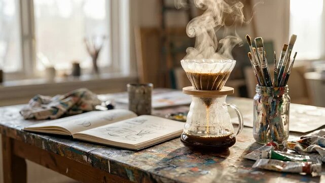 Pour over coffee brewing on an artists painter table in a studio, with steam rising from the drip process