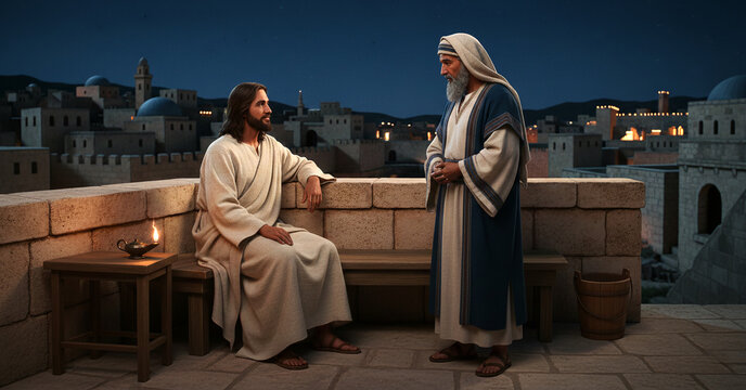 Gospel Bible NT Images &ndash; Jesus teaches the Jewish ruler Nicodemus about being born again