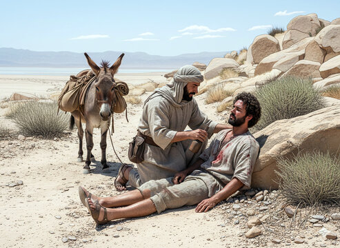 Biblical event of the Good Samaritan tending to a wounded man on the road to Jericho, teaching mercy