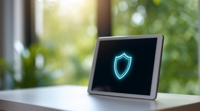 Tablet with shield icon white desk bright room conveying digital cybersecurity and privacy protection. sleek tablet displaying glowing security