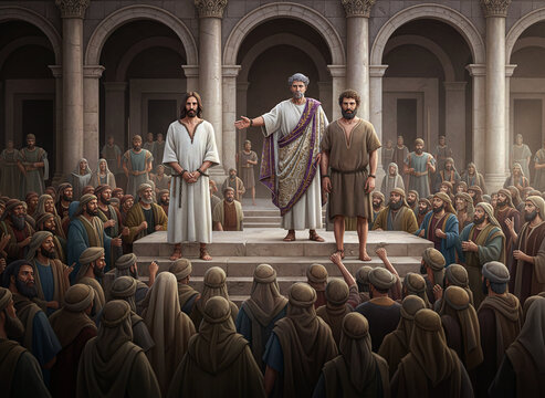 Biblical scene of Pontius Pilate offering Jesus Christ or Barabbas to angry crowd in Jerusalem