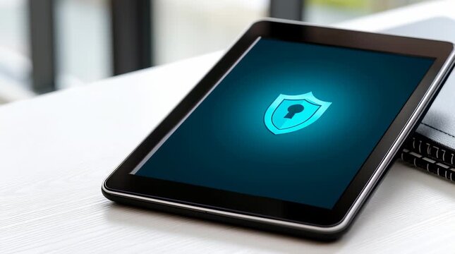 Tablet shield lock cybersecurity data protection security icon touchscreen device minimalist white desk conveying privacy and modern workspace