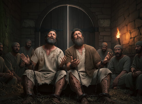 Biblical event of Paul and Silas singing hymns of praise in Philippi prison, showing joy and spiritual strength