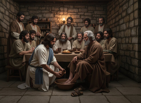 Biblical event of Jesus Christ washing feet at Last Supper in Jerusalem, modeling humble servant leadership and love