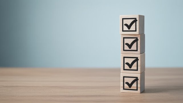 Stack of wooden cubes with checkmarks, representing a completed to-do list or successful task management