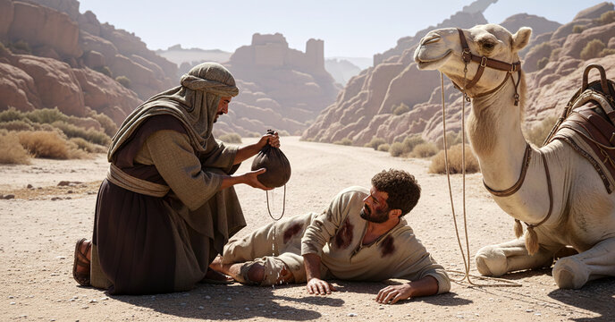 Gospel Images from the Bible NT &ndash; Jesus Tells Parable of the Good Samaritan &ndash; Love They Neighbor