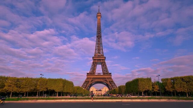 View of the Eiffel Tower at sunrise. Paris, France, October 14, 2025. High quality 4k footage