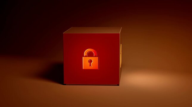Red cube with glowing lock icon front conveying secure digital protection and guarded privacy moody studio lighting. illuminated one face warm studio