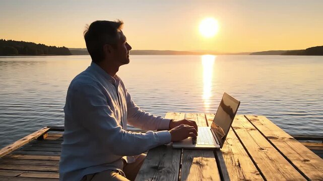 Mature man working on laptop at a wooden pier by a serene lake at golden sunset for remote work concept and peaceful productivity