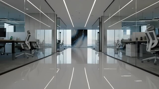 Modern Office Interior: A bright and spacious office interior with sleek design, clean lines, and an open layout. It is a symbol of modernity, efficiency, and collaborative work environment.