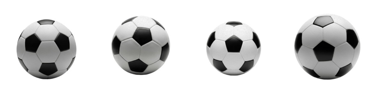 Set and collection of classic black and white soccer balls, professional footballs for sports competition and athletic game equipment design, isolated on white transparent PNG background