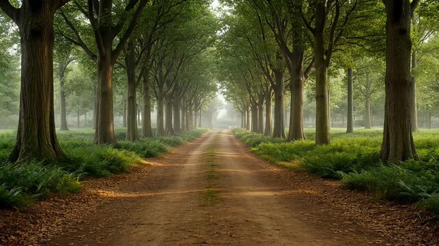 A long dirt road lined with lush green trees, creating a picturesque natural pathway through a tranquil forest