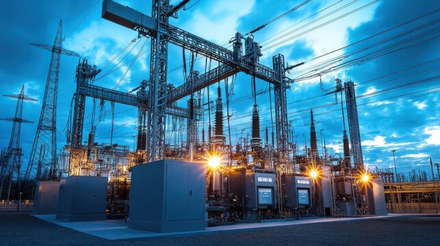 Electrical Substation Power Grid Infrastructure at Dusk.