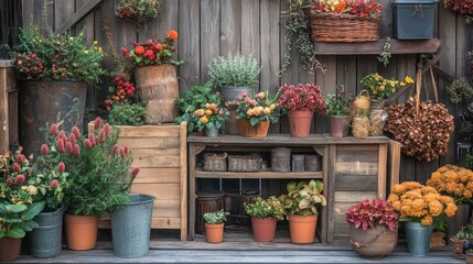 Rustic Garden Display with Assorted Flowers and Plants.
