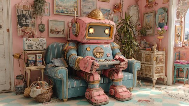 A vintage robot sits in a room playing a game on a controller