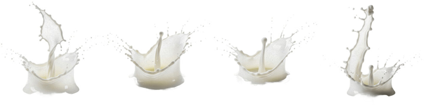 Set and collection of fresh milk splashes, white liquid crown drops and creamy yogurt swirls for dairy product and beverage design, isolated on white transparent PNG background
