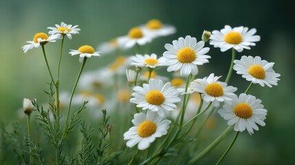 Fototapeta premium Delicate White Daisies Blooming in a Soft Focus Garden Setting, Bringing Joyful Vibes of Nature and Serenity in a Peaceful Atmosphere