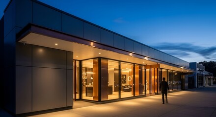 Obraz premium Modern Architectural Facade at Dusk Featuring Exterior Lighting and Reflective Glass Panes