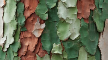 Fototapeta premium Close-up View of Vibrant Natural Bark Surface with Unique Textures and Colors in Earthy Shades of Green, Brown, and Red for Artistic and Design Inspiration
