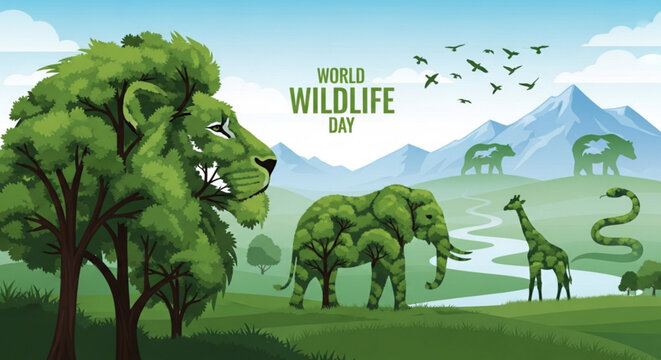 World wildlife day illustration with animals in natural habitat landscape