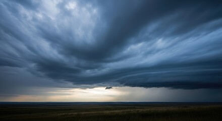 Fototapeta premium Dramatic ominous storm clouds gather over a vast open landscape under a moody overcast sky with shafts of light piercing the darkness evoking a sense of powerful natural forces