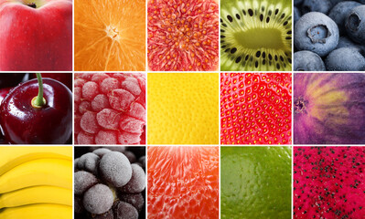 Fresh fruits and berries combined in bright collage, closeup view
