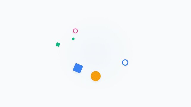 Colorful geometric shapes hover gracefully against a minimalistic white background, creating balance