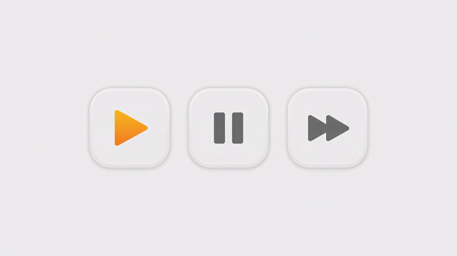 Neumorphic media player control buttons including play, pause, and fast forward icons on a light background.