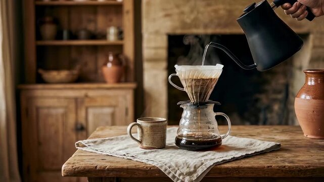 Hand pouring hot water from a gooseneck kettle into a drip coffee maker, brewing fresh coffee on a rustic wooden table for a morning ritual.
