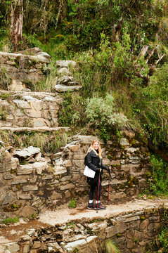 Blonde young woman trekking
