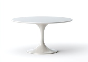 A modern, minimalist, white, round table with a single, tulip-shaped pedestal base