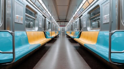 Obraz premium Interior view of an empty subway train with bright seating and clean lines, featuring a modern public transportation environment at rush hour