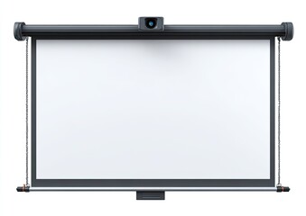 A rectangular, blank white projection screen is hanging against a white background