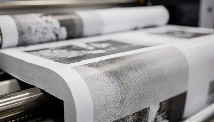 Modern digital press producing grayscale books with detailed page output in focus and machine edges gently out of focus for depth effect.