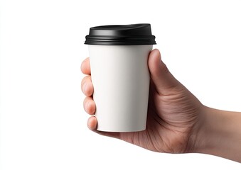 Hand holding a blank white coffee cup with a black lid, isolated on a white backdrop