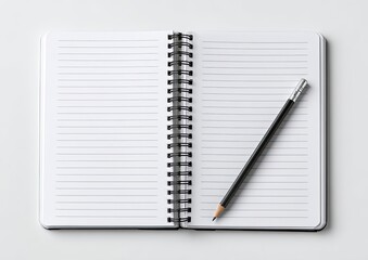 Open spiral notebook with lined pages, and a sharpened pencil lying across, on a white surface