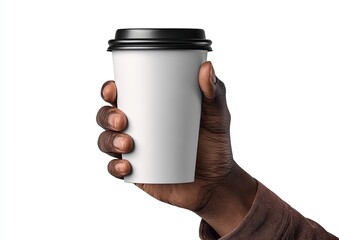 A person of color holds a white paper coffee cup with a black lid