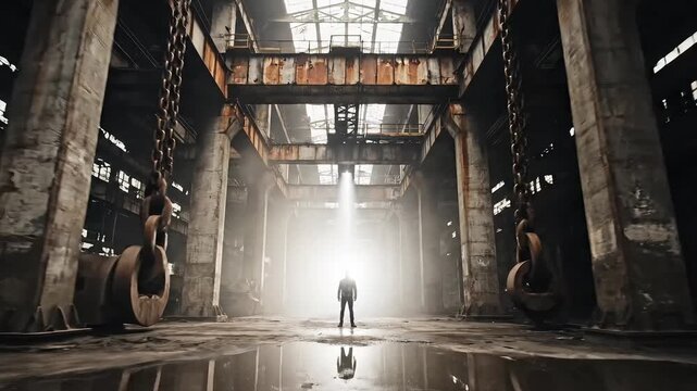 Enigmatic silhouette in a vast, decaying industrial hall, illuminated by a singular, bright light, symbolizing a new path and innovative vision within urban decay