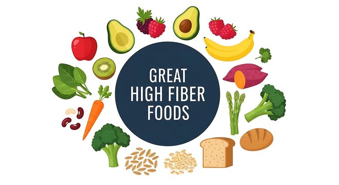 Healthy high fiber foods arranged in a circle with text "Great High Fiber Foods" in center