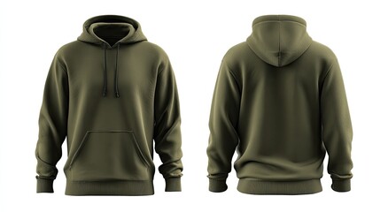 Front & back view of olive green hooded sweatshirt on white. Detailed rendering