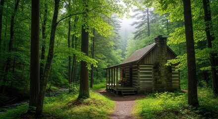 Rustic log cabin nestled deep within a lush vibrant green forest bathed in soft ethereal sunlight filtering through the dense canopy creating a tranquil and secluded woodland