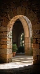 Ancient stone archway entrance to a sunlit courtyard passage revealing weathered textured brickwork and soft dappled light illuminating a historic pathway with potted plants