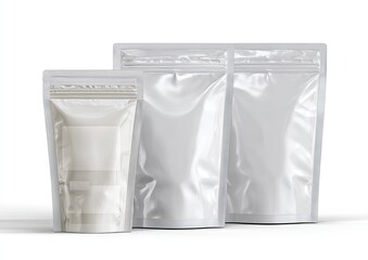 Three upright, sealed, flexible, silver and clear pouches on white, mock-up perspective