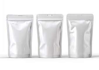 Three stand-up pouches, white, front view, sealed, with zipper, isolated on white background