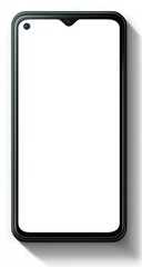A vertical, black-framed mobile phone with a blank white screen, front-facing camera, and shadow