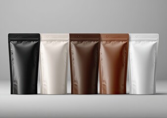 Five vertically aligned blank stand-up pouches, each a different color, against a gray backdrop