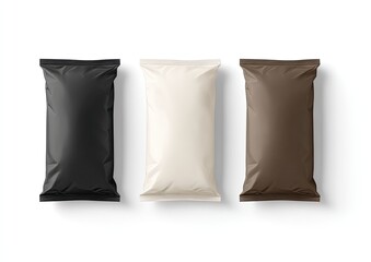 Three vertical packages with glossy textures in black, white, and brown. Shadows