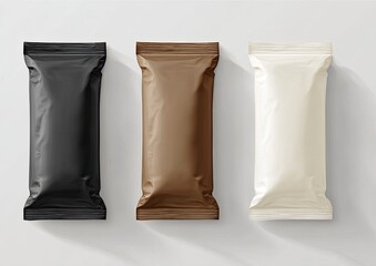 Three rectangular, sealed pouches in black, brown, and white against a light background